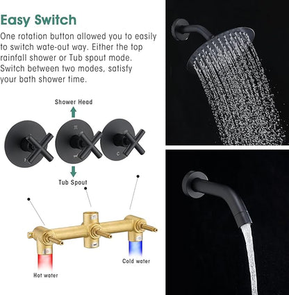 PROOX 3 Handle Tub Shower Faucet Set, 8" Rainfall Shower Head with Tub and Shower Trim Kit with Rough-in Valve, Matte Black Bathtub Shower Faucets, Wall Mounted Bathroom Rain Shower System