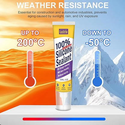 High-Strength Silicone Sealant & Adhesive - 100% Waterproof, Flexible Caulk for Kitchen, Bathroom, Shower, Window, Auto - Creates Durable, Shrink & Crack Resistant Seal 5 Oz. Tube. (Clear)