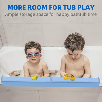 Splash Guard for Bathtub, 3.8" x 3.6" Silicone Bath Tub Splash Guard with 6 Suction Cups, Bathtub SplashGuard Play Shelf Area for Kids with 3°Drainage Slope for Faster Drying - 2 Packs Blue
