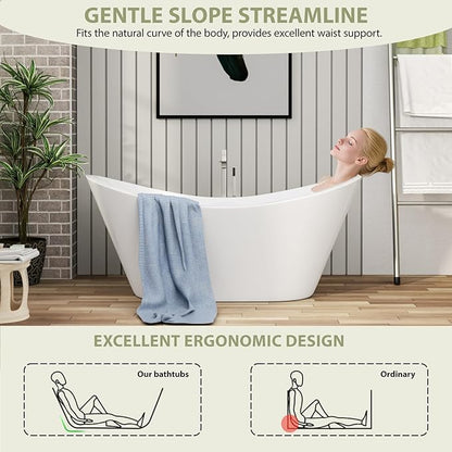 59 Inch Acrylic Freestanding Soaking Bathtub - Mocoloo Contemporary Soaking White Tub Stand Alone Bathtub with Overflow and Drain