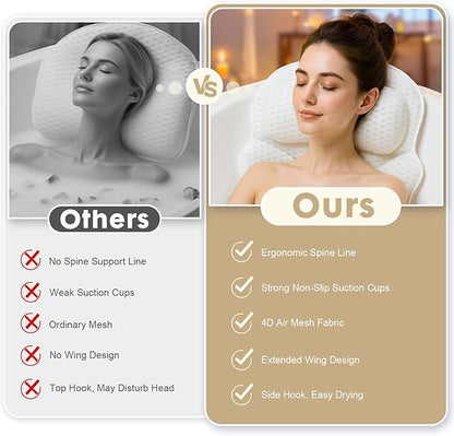 Bath Pillows for Tub with Gift Box & Laundry Bag – 4D Air Mesh Bathtub Pillow with Extended Wings, Shoulder Coverage, Spine-Line Support & 6 Non-Slip Suction Cups – Relaxing Gift for Women & Mom