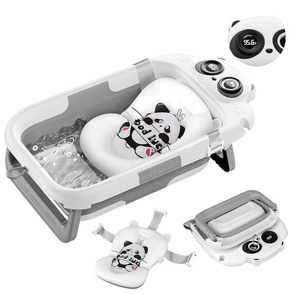 Collapsible Baby Bathtub for Newborn to Toddler (0-24 Months), Portable Baby Bath Tub for Travel, Newborn Bathtub with Soft and Supportive Cushion (Panda-Gray)