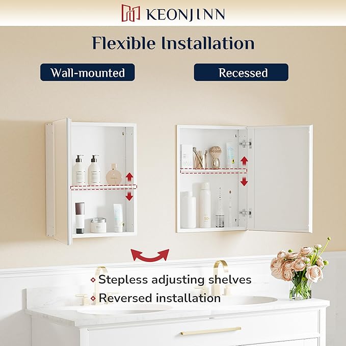 Keonjinn Small-Sized White Medicine Cabinet 14.5 x 18.5 Inch, One Shelf Only, Assembly Required, Mini Medicine Cabinet Mirror for Compact Bathroom, Free Adjustable Shelves, Wall Mount or Recessed
