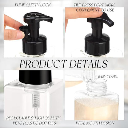 Domensi 12 Pcs Foam Pump Bottle Foaming Soap Dispenser Empty Travel Foaming Dispenser 8.5 oz Refillable Hand Soap Plastic Pump Bottle Travel Essentials Clear Container for Bathroom Vanities (Black)