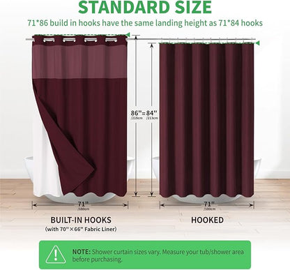 Extra Long No Hooks Needed Linen Textured Shower Curtain with Snap-in Fabric Liner Set,White Hotel Luxury Decor Shower Curtains for Bathroom,Waterproof & Washable,71Wx86H,Burgundy