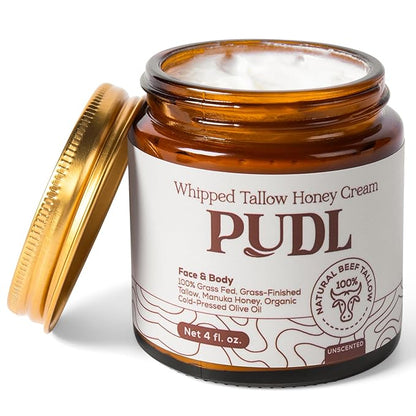 PUDL Grass Fed Beef Tallow for Skin Care with Manuka Honey, Organic Olive Oil and Jojoba Oil – Whipped Lotion Balm Anti-Aging Moisturizer Deeply Nourishing for Sensitive Skin Face & Body