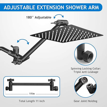 Shower Head Combo,10 Inch High Pressure Rain Shower Head with 11 Inch Adjustable Extension Arm and 5 Settings Handheld Powerful Shower Spray Against Low Pressure Water - Matte Black