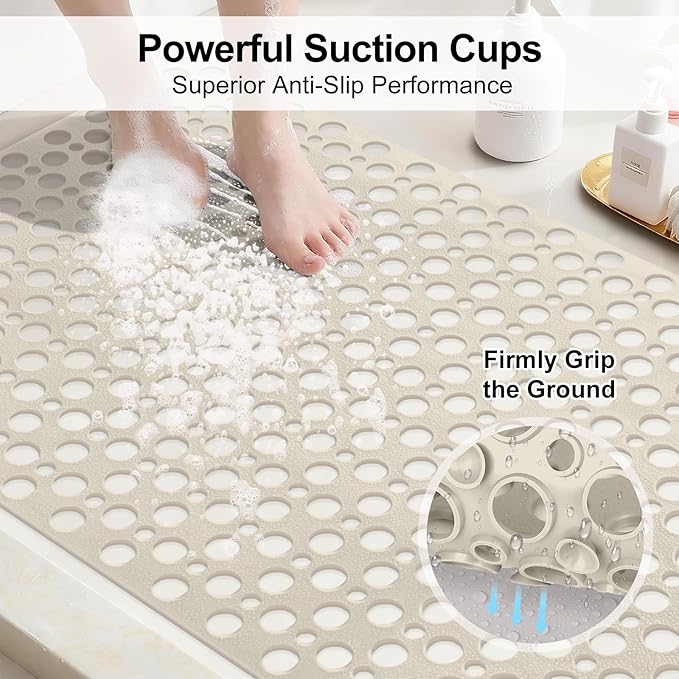 Anti Slip Shower Mat with Suction Cups,23.6x35.4 Inch Quick Drain TPE Non Slip Shower Mats for Inside Shower,Large Bath Mat for Shower Soft on Feet, Easy to Dry&Cut Machine Washable