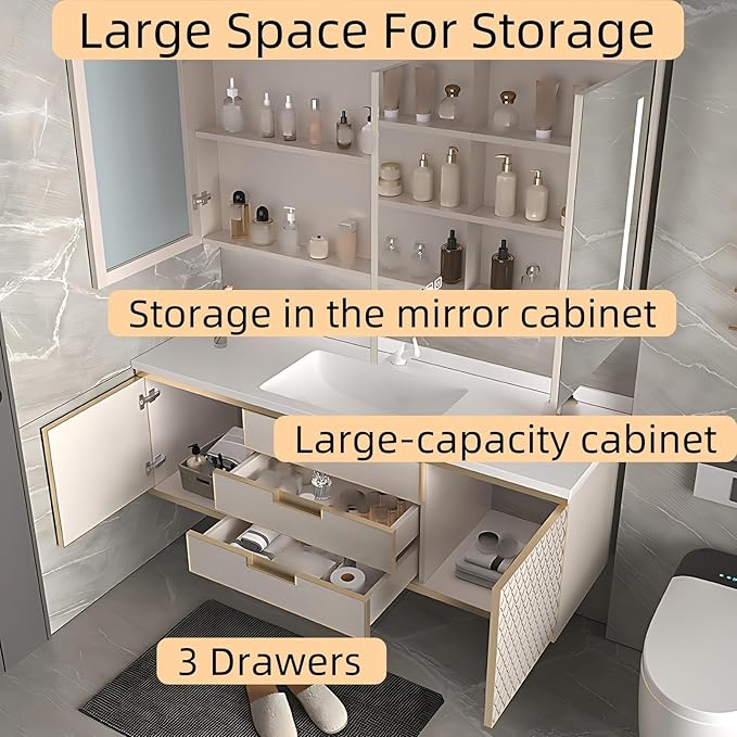 Modern Bathroom Vanity - Wall-Mounted Bathroom Cabinet with LED Light | Intelligent Defogging Mirror Cabinet Includes Time Display Function, 2 Drawers & 2 Storage Cabinets (Style A, 52IN)