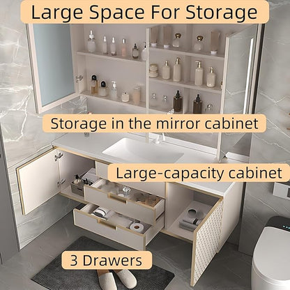 40IN Modern Bathroom Vanity - Wall-Mounted Bathroom Cabinet with LED Light | Intelligent Defogging Mirror Cabinet Includes Time Display Function, 2 Drawers & 2 Storage Cabinets (Style B)