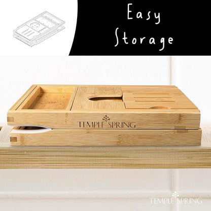 Temple Spring Foldable Bathtub Tray, Unique Design Selfcare Bathroom Caddy, Bamboo Spa Bathroom Tray, Wooden Bathtub Accessories, Wedding Gift/Birthday Gift/New Home Bath Table