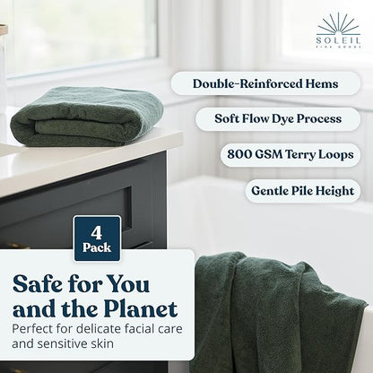 Soleil Fine Goods Luxurious 800 GSM 100% Cotton Bath Towel Set (4-Pack, 27x54) - Heavyweight & Ultra Absorbent, Plush Softness for Bathroom | Hotel & Spa Quality Luxury Towels- Forest