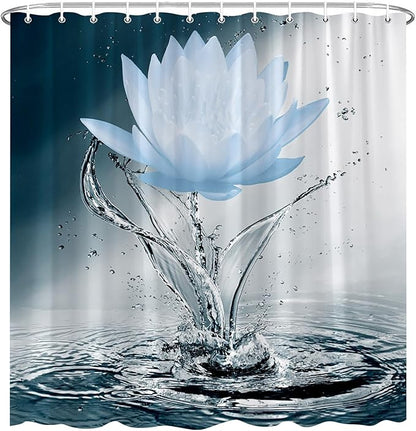 Lotus Shower Curtain Black White Blue Flower Elegant Blooming Floral with Dew Spring Flower Reflection on Water Modern Romantic Polyester Fabric Bathroom Decor 70×90 Inch with Hook