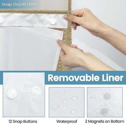 Beige Long No Hook Shower Curtain with Snap in Liner,230GSM Waffle Weave Shower Curtains for Bathroom,71W x 86H