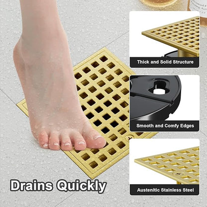 Brushed Gold Shower Drain 4-1/4 Inch - Square Shower Floor Drain Kit with ABS Flange for 2" or 3" Pipe, Drain with Hair Strainer,Removable Strainer Cover,SUS304 Stainless Steel & CUPC Certified