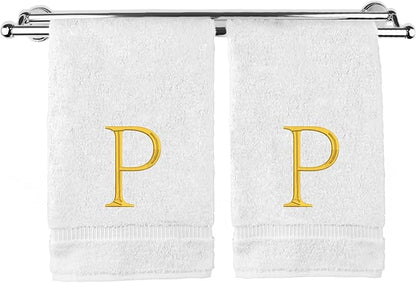 Monogrammed Hand Towel, Personalized Initial Gift, Extra Absorbent 100% Turkish Cotton - Soft Terry Finish - Set of 2 - Gold Block Initial P - Embroidered on White Towels