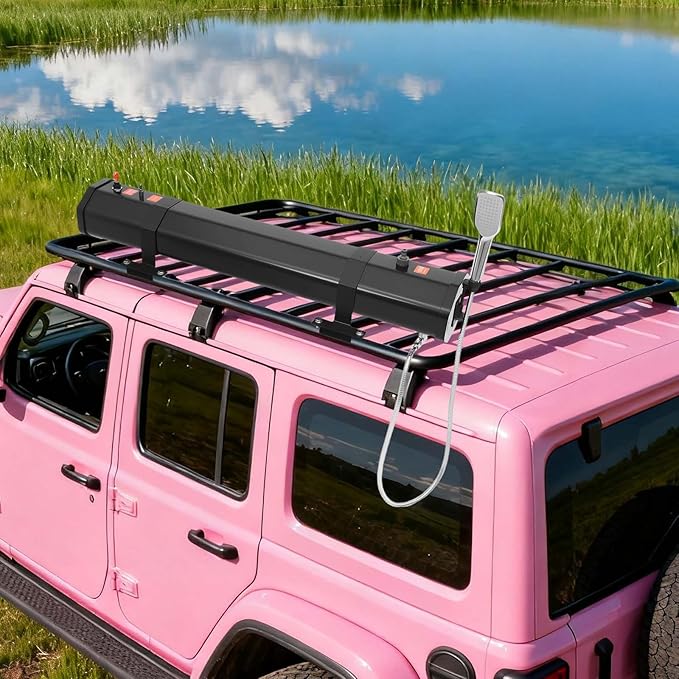 Self-Pressurized Water Tank for Camping Showers 30L, Roof Rack Mount Road Shower with Hose & Shower Head, Vehicle Water Storage for Car, SUV, RV, Beach, and Off-Road Adventures
