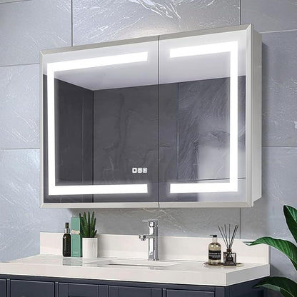 GroGro LED Lighted Bathroom Medicine Cabinet with Mirror, 40" W x 24" H Beveled Edge Medicine Cabinet with Lights,Surface or Recessed Mounting,Defog,Dimming,3-Color Temperature Adjustment