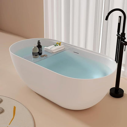 59'' Stone Resin Freestanding Bathtub, Bathroom Solid Surface Tub Bathtubs soaker Tubs Oval Shaped Matte Luxury Modern Soaking Tub with Overflow and Pop-up Drain - White