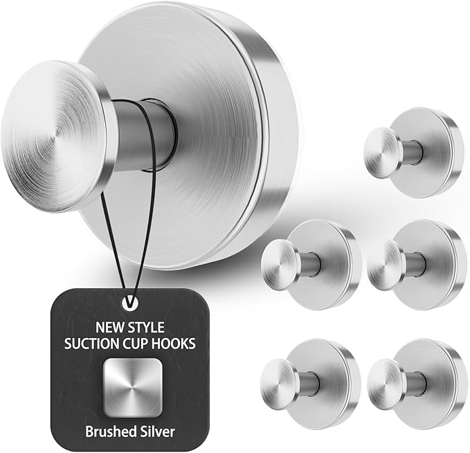 BKV Suction Cup Hooks for Glass Window,Removable Shower Hooks for Inside Shower,Metal Towel Hooks for Bathrooms,6 Pack(Silver)