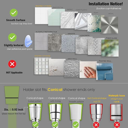 Suction cup Handheld Shower Head Holder - Designed For Large Shower Head - Relocatable - 5 Angles Adjustable - Horizontal Setting - - Wider Input - Wall mounted with Vacuum Power (Polished Chrome)
