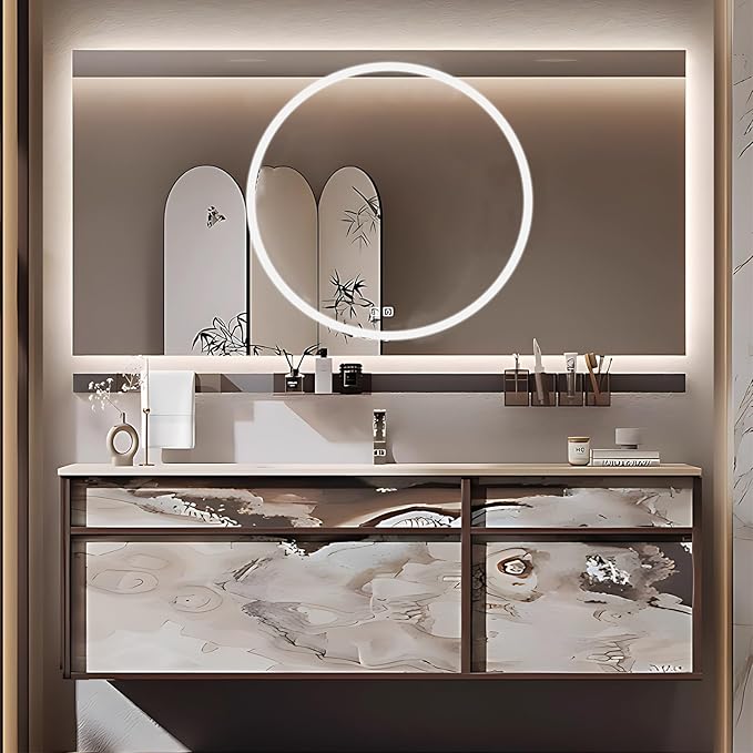 48IN Modern Bathroom Vanity with Sink - Bathroom Vanity with Drawer Organizer, LED Mirror Lights & Defogging Function | Wall - Mounted Vanity with Multifunctional Storage Rack