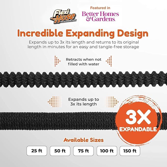 Flexi Hose PLUS with 8 Function Nozzle Expandable Garden Hose, Lightweight & No-Kink Flexible Garden Hose, 3/4 inch Solid Brass Fittings and Double Latex Core, 25 ft Black