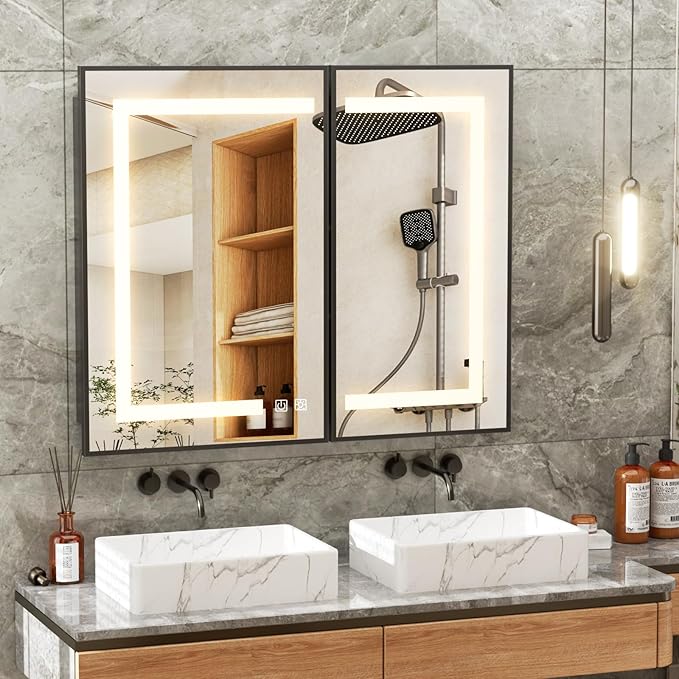 APRILSOUL 36X30 Inch Black Bathroom Medicine Cabinet with Mirror, Recessed or Surface Lighted Medicine Cabinet with 3 Colors Temperature, Dimmable Light