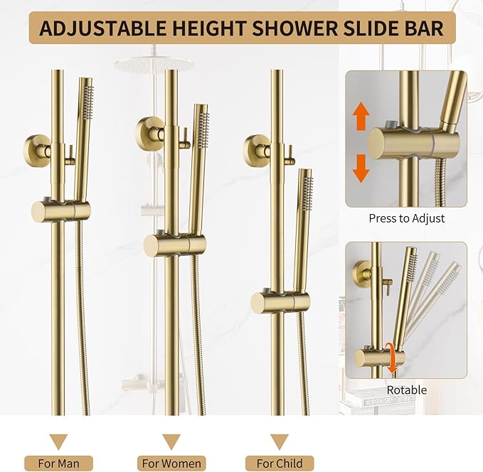 Exposed Shower System with Rain Shower and Handheld Sprayer, Outdoor Shower Fixture with Tub Spout, Rainfall Showerhead Faucet Combo Set for Bathroom Height Adjustable Shower Mixer Brushed Gold