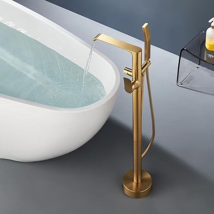 Floor Mount Tub Faucet Gold: Freestanding Bathtub Faucet with Handheld Spray Head - Gold Tub Filler Shower Faucet Set 360 Degree Swivel Waterfall Spout - Beelee