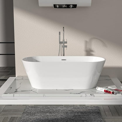 Logmey 63" White Acrylic Freestanding Bathtub Oval Shape Soaking Tub with Chrome Drain & Overflow Assembly for Classic and Modern Bathrooms