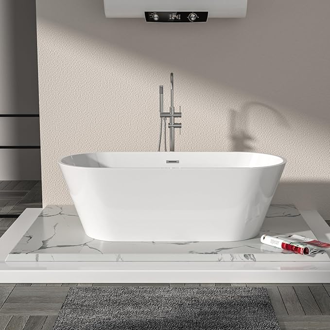 Logmey 67 Inch Freestanding Bathtub White Acrylic Oval Shape Soaking Tub with Chrome Drain & Overflow Assembly for Classic and Modern Bathrooms