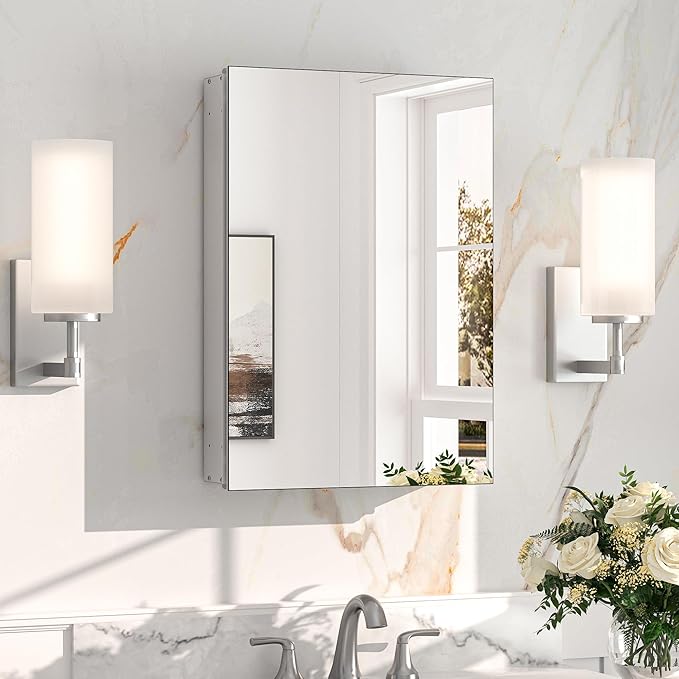 Keonjinn 16.14 x 24.01 Inch Medicine Cabinet, Bathroom Medicine Cabinet with Mirror, Lightweight Aluminum Structure, Assembly Required, in Wall or Wall Mount, Adjustable Shelves, Tempered Glass