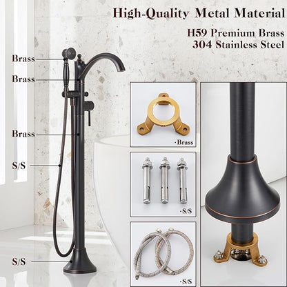 Freestanding Bathtub Faucet, Classic Free Standing Tub Faucet with Retro Handheld Sprayer High Flow Max 7.04GPM Floor Mounted Tub Fillers Swivel Spout Tub Faucets Oil Rubbed Bronze (WT-9002ORB)
