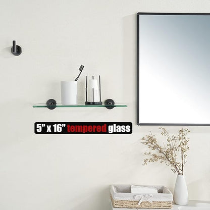 JQK Bathroom Glass Shelf Oil Rubbed Bronze, Tempered Glass Shower Storage 16 by 5 inches, 304 Stainless Steel ORB Wall Mount 2 Pack, TGS101L16-ORB-P2