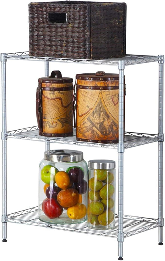 3 Tier Storage Racks Shelving, Heavy Steel Pantry Shelves, Adjustable Wire Shelving Rack, Suitable for Garage, Kitchens, Offices, 23" W x 13.4" D x 31.5" H, Silver