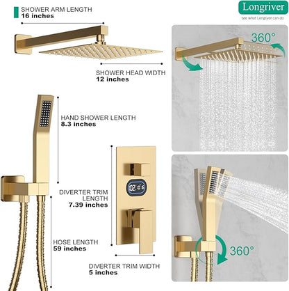 Shower Faucet Set with Hydro Power Temperature Display, Shower System Bathroom 10 Inches Shower Head with Handheld Spray, Wall Mounted Shower Fixtures with Shower Valve and Trim Kit, Brushed Gold