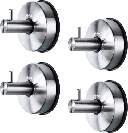 YOHOM Vacuum Suction Cup Hooks Shower Towel Holder Bathroom Shower Hook Brushed Stainless Steel Suction Towel Rack Kitchen Storage Organizer for Bathrobe Loofah Washcloth 4Pcs