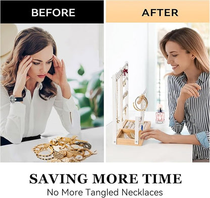 DreamGenius Jewelry Organizer Stand with Velvet Ring Holder, 4 Tier Jewelry Holder Organizer with 11 Hooks for Necklaces and 132 Holes for Earrings, White