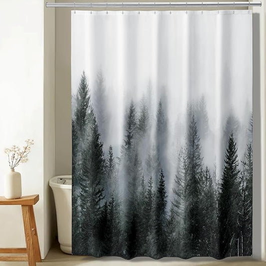 ORTIGIA 78 Inch Dark Green Misty Forest Shower Curtain for Bathroom, Nature Woodland Shower Curtain Set with Hooks, Decorative Pine Tree Fog Magic Bath Curtain, Waterproof Fabric, Weighted, 72x78