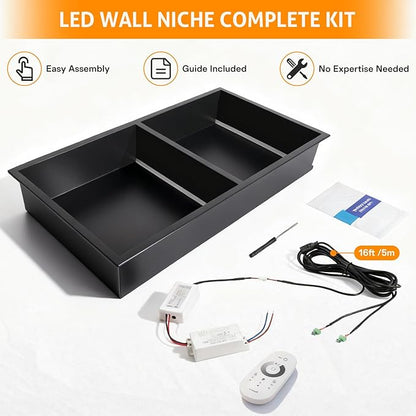 WICHEMI Stainless Steel Shower Niche 12" X 24", No Tile Needed Wall Niche with LED Light, Recessed Shower Shelf for Bathroom Storage Over Mount Installation, Matte Black