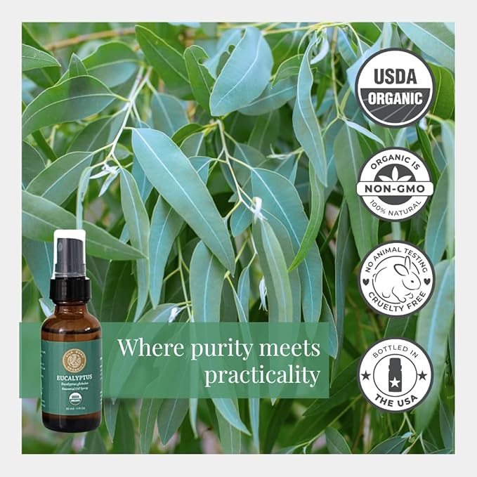 Silk Road Organic Eucalyptus Essential Oil Spray, 100% Pure USDA Certified Aromatherapy - Congestion, Colds, Cough, Sinus, Allergies & Skin Care – 1 Oz Spray