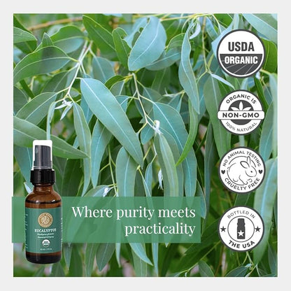 Silk Road Organic Eucalyptus Essential Oil Spray, 100% Pure USDA Certified Aromatherapy - Congestion, Colds, Cough, Sinus, Allergies & Skin Care – 1 Oz Spray
