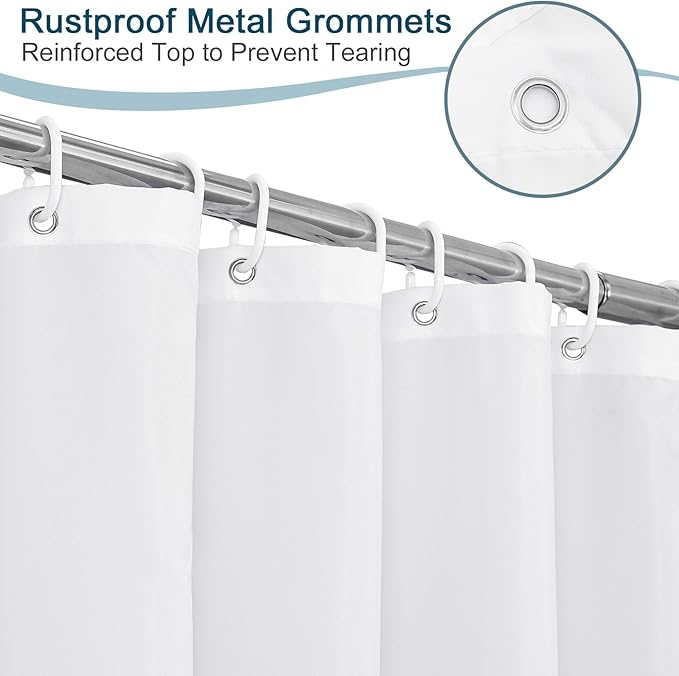 AooHome White Fabric Shower Curtain Liner, Bathroom Curtain with Hooks for Hotel, Waterproof, Weighted Hem, 72 Width x 75 Height Inch