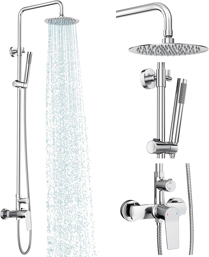 Rainsworth Outdoor Shower Kit Chrom - Single Handle Brass Valve, 8 Inch Rain Shower Head and Handheld Spray Shower Fixture Combo, 304 Stainless Steel Wall Mount