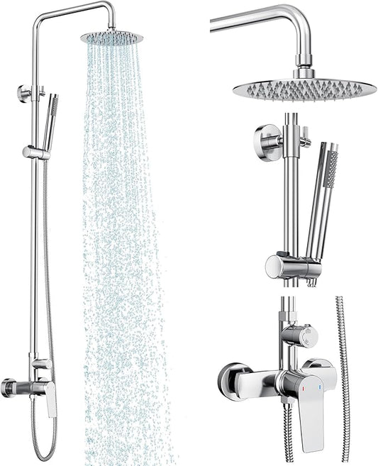 Rainsworth Outdoor Shower Kit Chrom - Single Handle Brass Valve, 8 Inch Rain Shower Head and Handheld Spray Shower Fixture Combo, 304 Stainless Steel Wall Mount