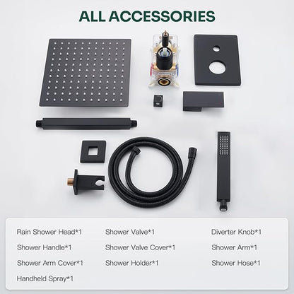 Ceiling Mount Shower Faucet Set, Black Shower System with 10-Inch Rain Showerhead and Handheld Spray Combo, High-Pressure Showerheads Set with Valve and Trim Kit, Matte Black