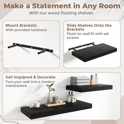 16 Inch Floating Shelves for Wall Set of 2, 12"D Wood Grain Bathroom Shelves with Invisible Brackets, Easy Install Engineered Wood Storage Shelves for Kitchen, Living Room, Bedroom, Black Finish