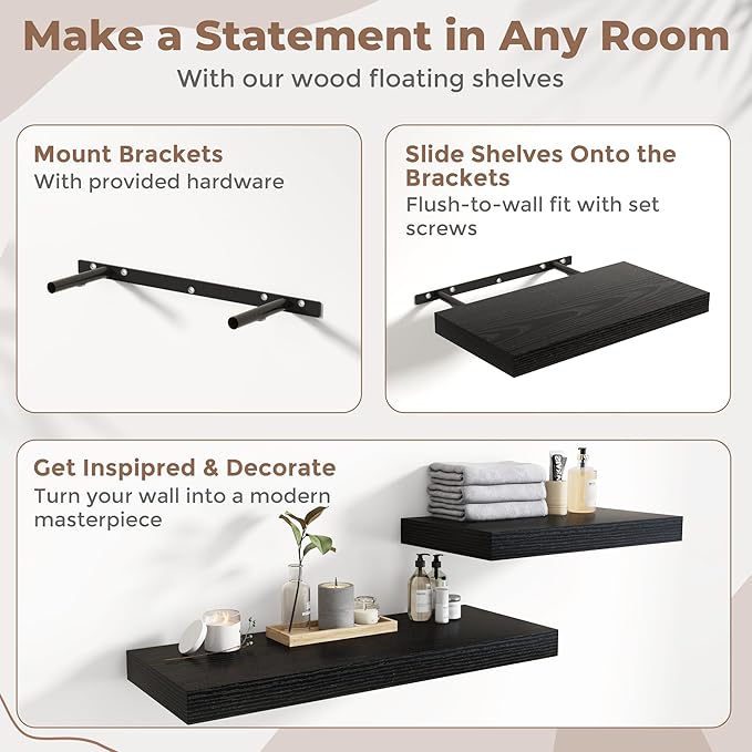 30 Inch Floating Shelves for Wall Set of 2, 12"D Wood Grain Bathroom Shelves with Invisible Brackets, Easy Install Engineered Wood Storage Shelves for Kitchen, Living Room, Bedroom, Black Finish