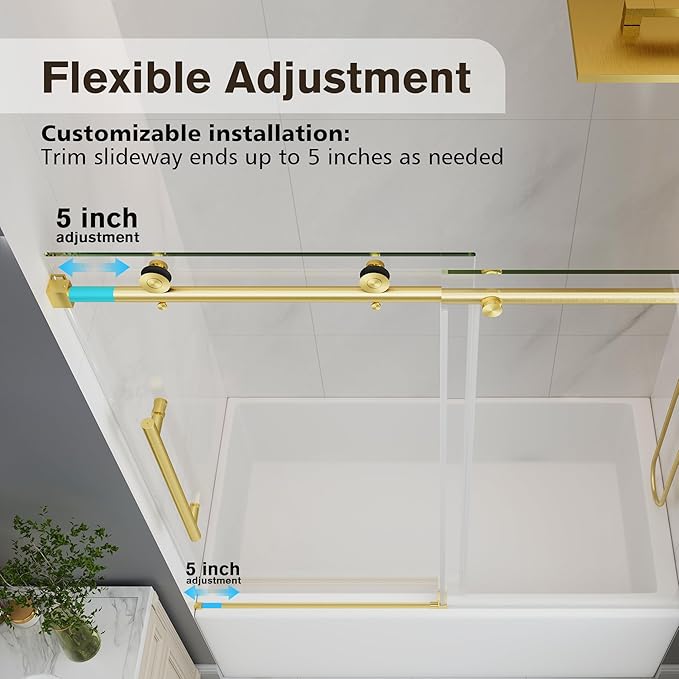 Bathtub Shower Door Frameless, 55-60" W x 60" H Sliding Tub Shower Door, 1/4''(6mm) SGCC Tempered Glass with Explosion-Proof Film Nano Coating, Stainless Steel Hardware, Brushed Gold